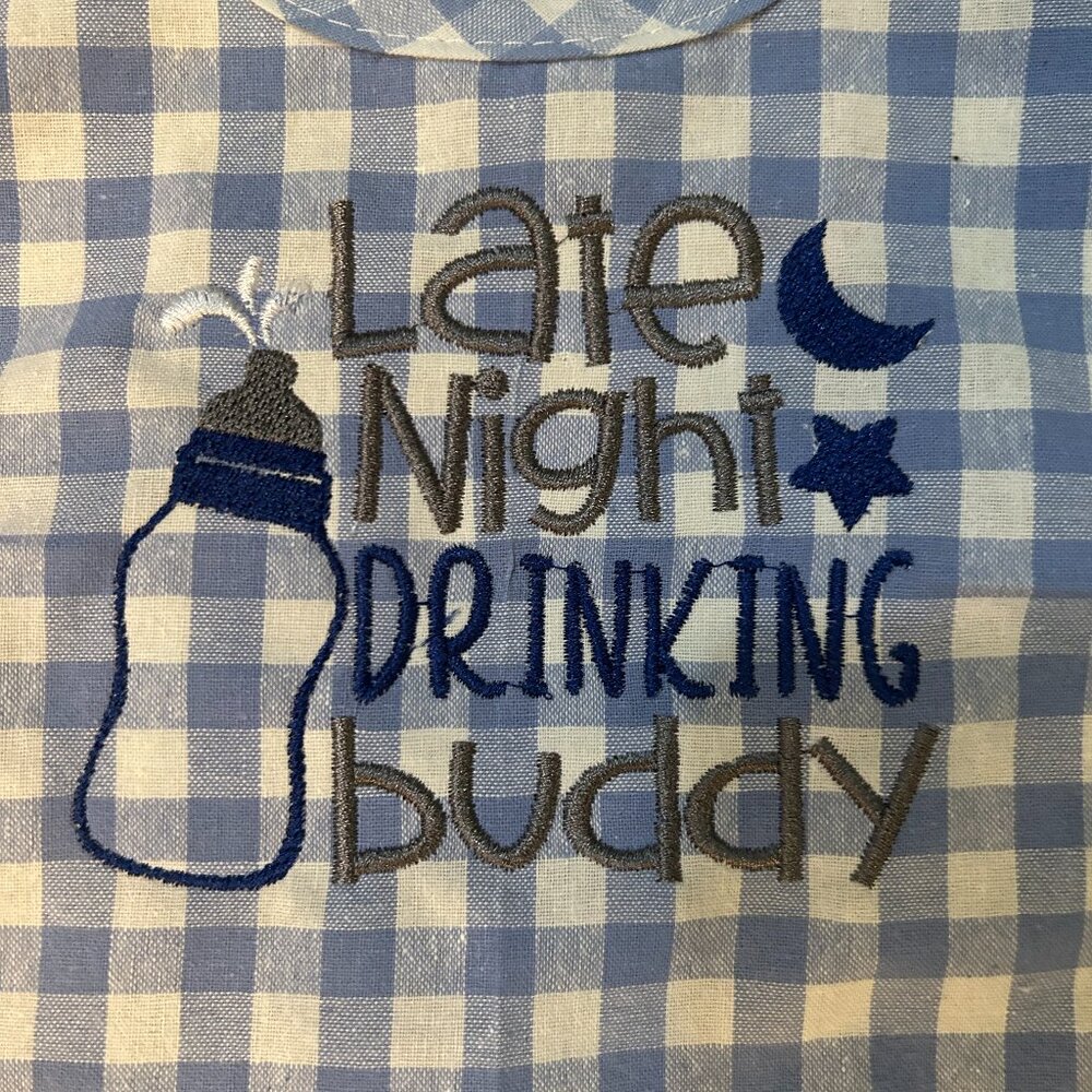 Blue Gingham Baby Bib – “Late Night Drinking Buddy” Embroidered Bib with Snap Cl